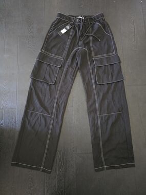 Fashion Nova Black Cargo Trousers with White Contrast Stitching